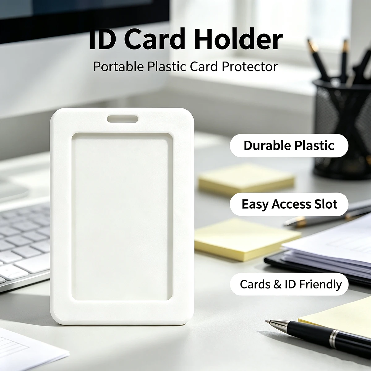 White Vertical-Style Id Card Holder, Wear-Resistant Hard Plastic Identity Protection Case, Universal Portable Card Holder for Company Employee Badges, Student Cards, and Access Control/Bus Cards