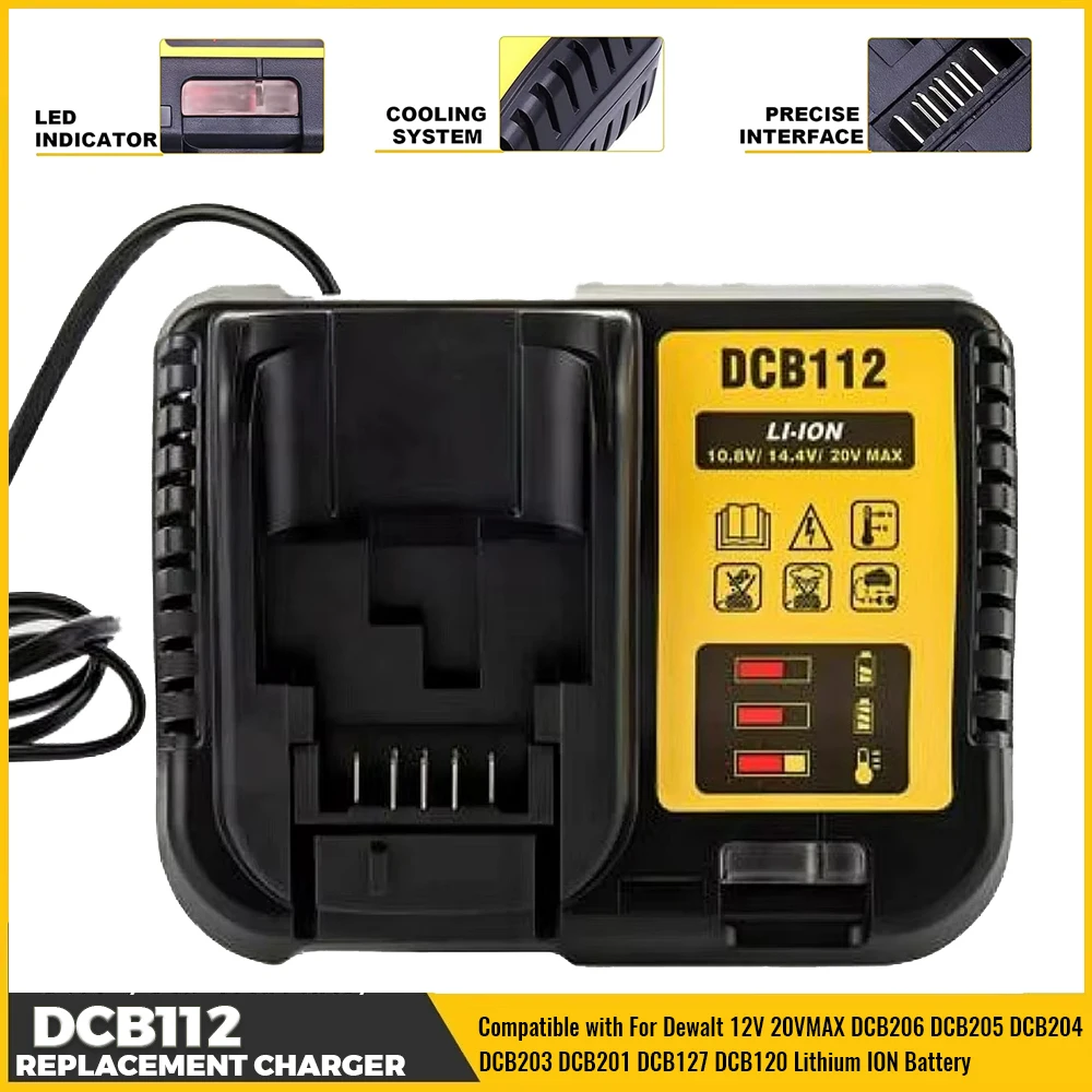 

NEW Upgraded DCB112 Battery Charger For Dewalt 10.8V 12V 14.4V 18V 20V DCB206 DCB205 DCB204 DCB203 DCB120,DCB107 DCB115 DCB105
