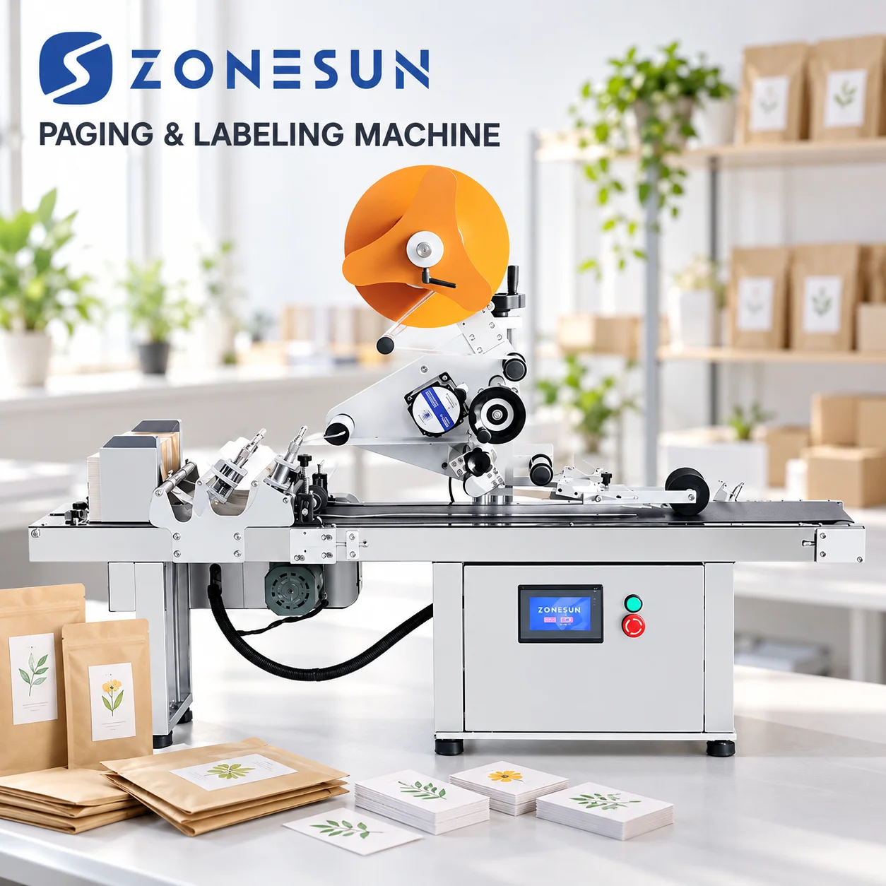ZONESUN Automatic Flat Surface Labeling Machine Kraft Paper Bag Paging Labeler Label Applicator Card Leaflet  ZS-TB502P