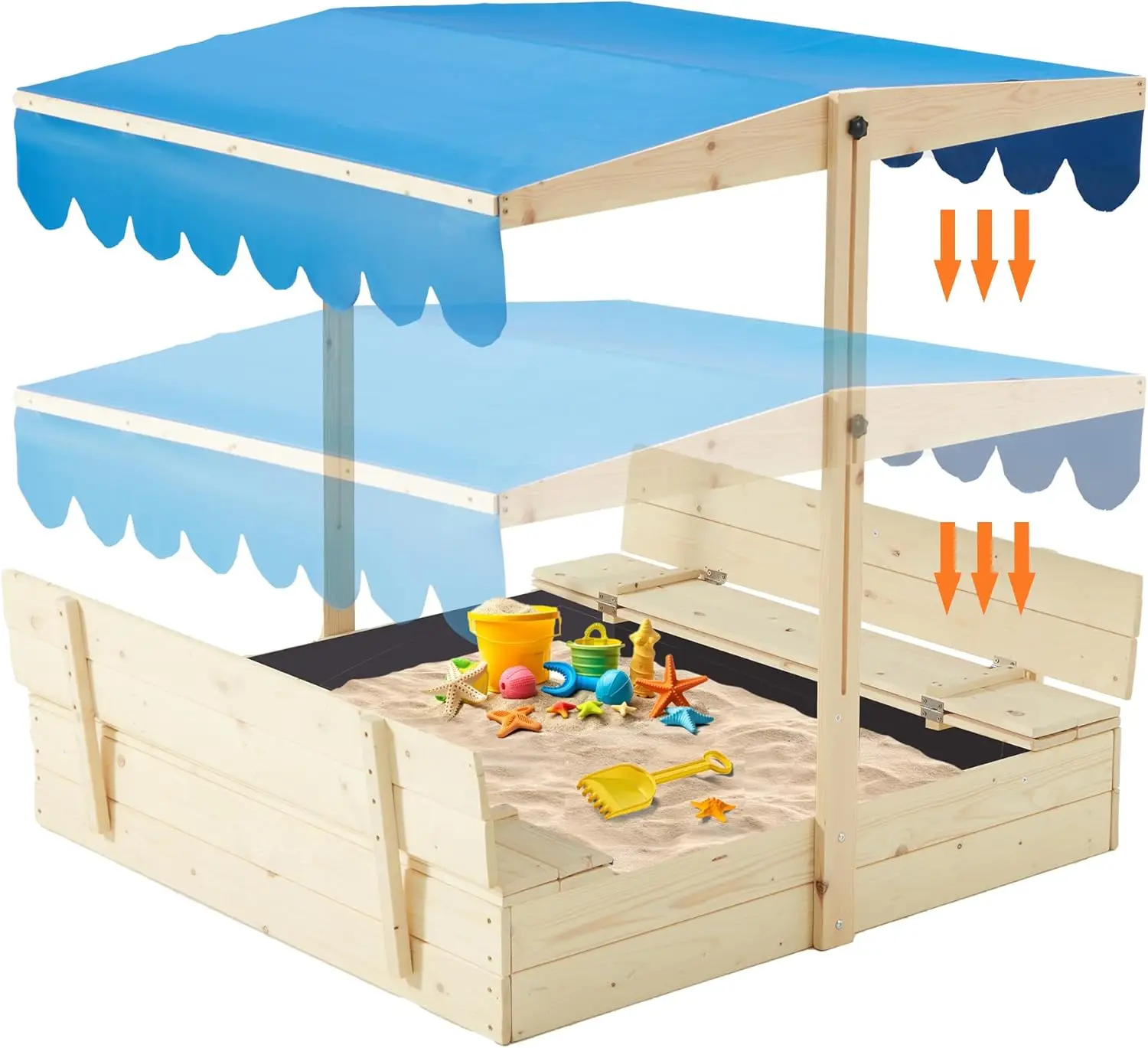 

Kids Sandbox with Lid, Cover, Wooden Sand Box with 2 Foldable Bench Seats,Adjustable UV-Resistant Roof,Log Color-Blue Top