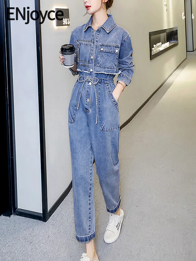 ENjoyce Spring Denim High Waist Drawstring Jumpsuits Women Korean Fashion Fake Two-piece Long Sleeve Overalls Romper Streetwear