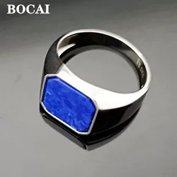 BOCAI New S925 Silver Jewelry Inlaid With Natural Lapis Lazuli Square Men's Ring Fashionable and Grand Birthday Gift