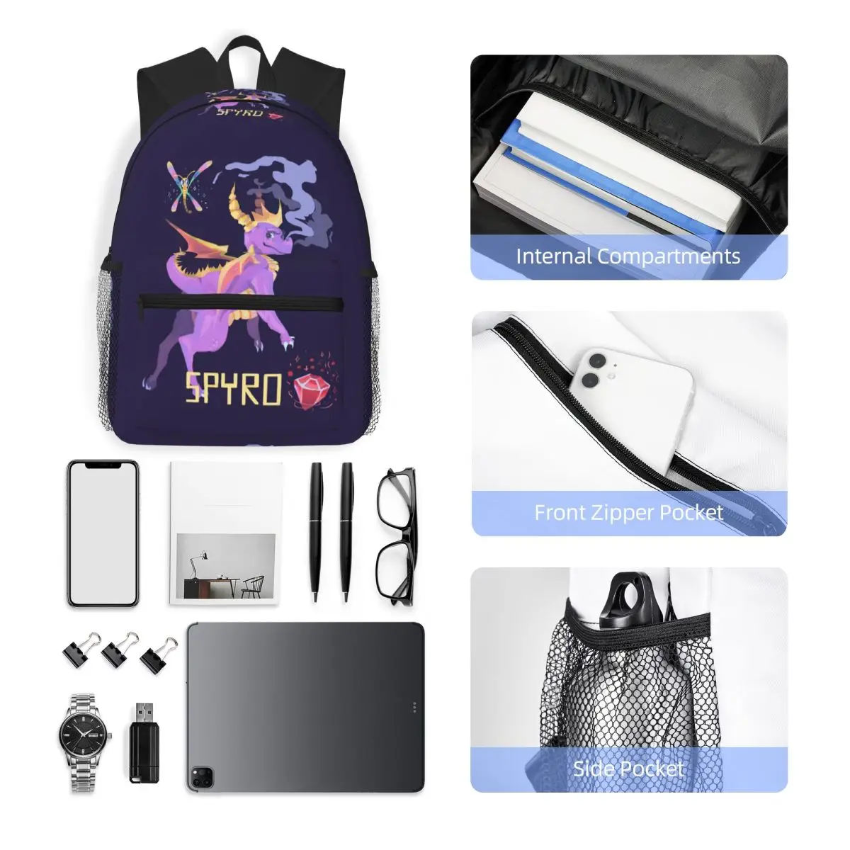 Spyro The Dragon Spyro Zaino per studenti Borsa da scuola Zaino da viaggio per escursionismo per borse a tracolla per libri alla moda per ragazzi e ragazze
