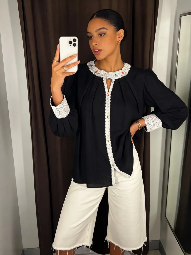 

Винтажная черная дышащая рубашка с кружевными вставками для женщин, весна-лето, свободный крой, кардиган, топ