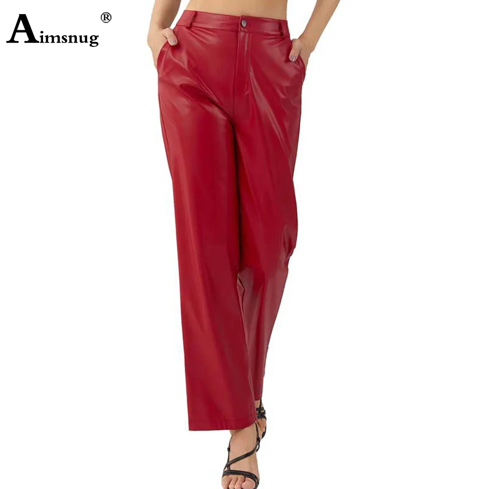 Pantalon droit en cuir PU pour femmes, coupe haute, mode basique, américain et européen, Sexy, fermeture éclair, tenues en Faux cuir, nouvelle collection 2025