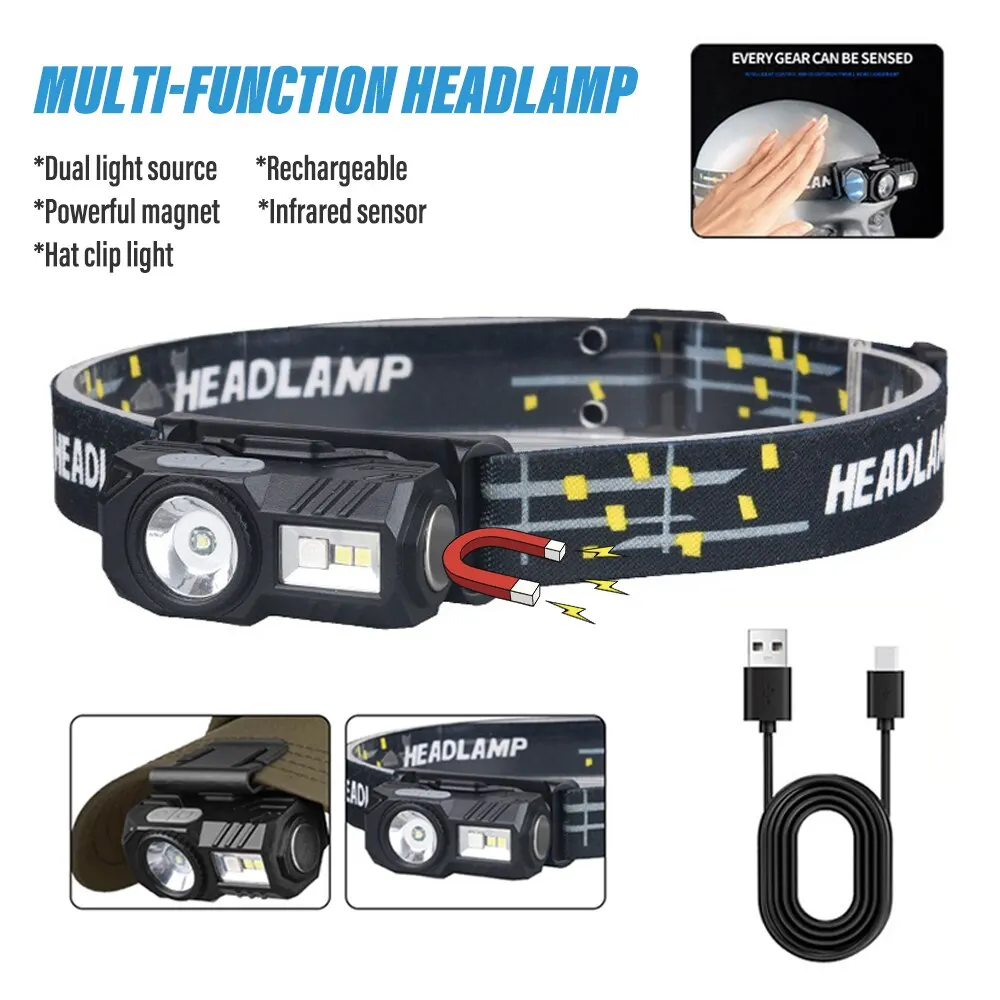 Mini LED Headlamp Motion Sensor Camping Fishing Lantern USB Rechargeable Headlight with Magnet Warning Lamp Cap Clip Lights