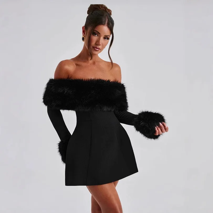 Elegant Black Fur Long Sleeve Slash Neck Evening Prom Dress Women Slim Patchwork High Waist Mini Dresses 2025 Backless Robe