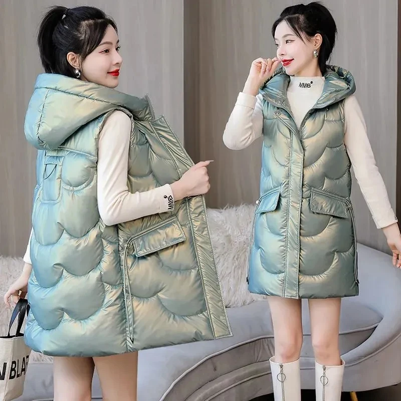 

2023 Winter New Glossy Down Cotton Vests Jacket Women Korean Sleeveless Parkas Female Warm Hooded Mid Long Waistcoat Ladies Coat