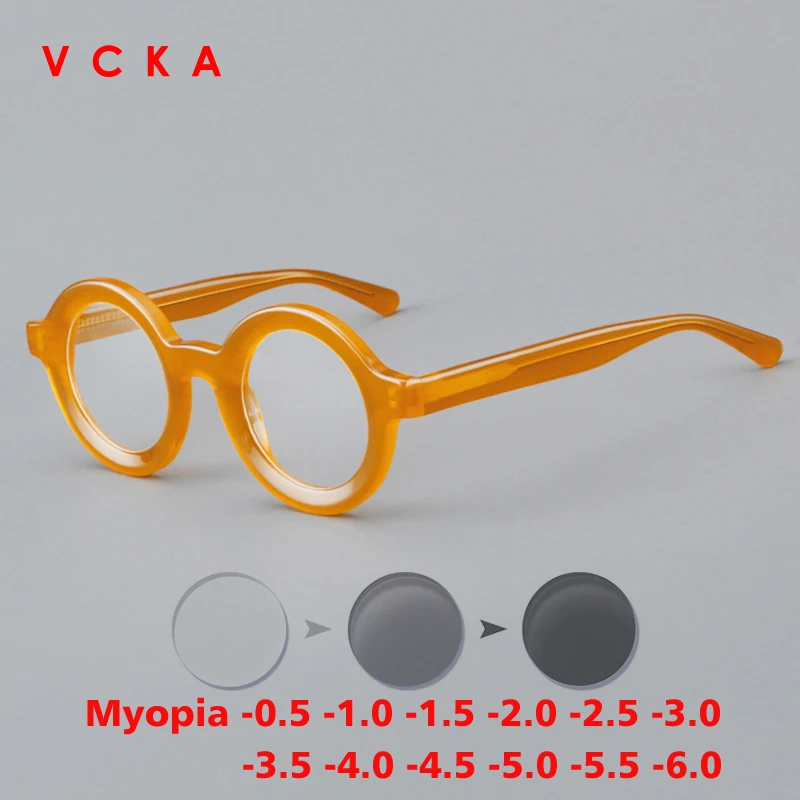 

VCKA Acetate Myopia Anti-blue Discolor Glasses Frame Men Women Hinge Optical Round Eyeglasses Custom Prescription -0.50 to -6.0