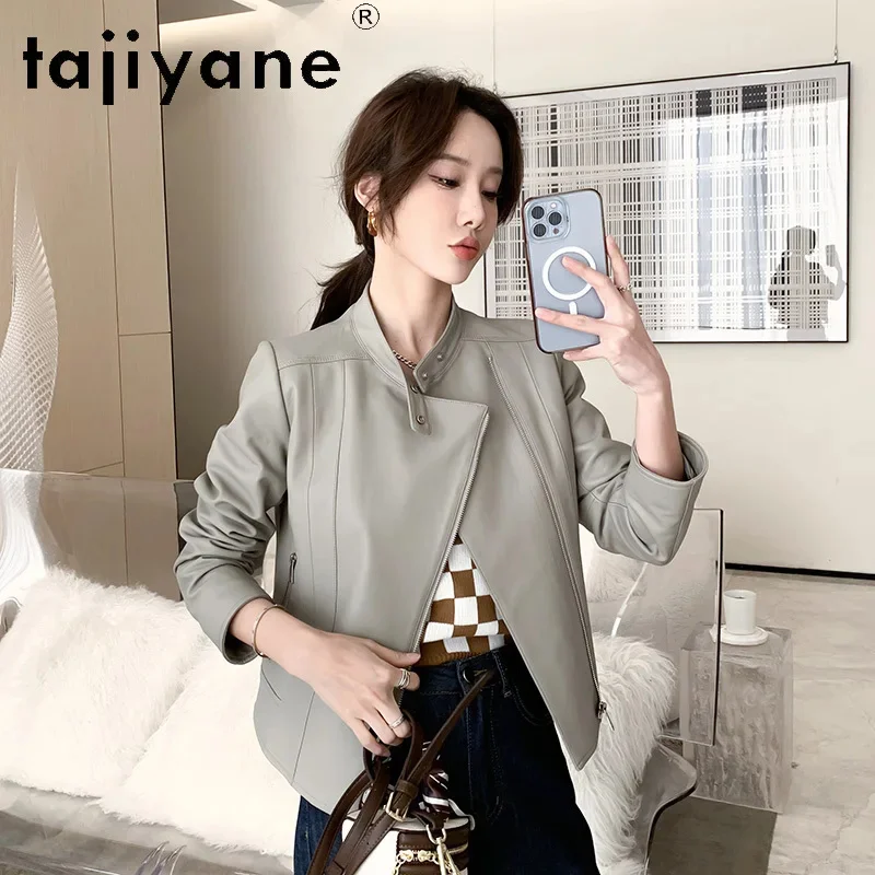 Tajeyane-Chaqueta corta de piel de oveja auténtica para mujer, abrigo elegante de cuello redondo, 100%