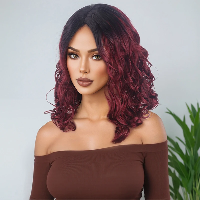 European and American fashion burgundy gradient wig, African small curls, natural synthetic fiber headpiece, middle-parted short
