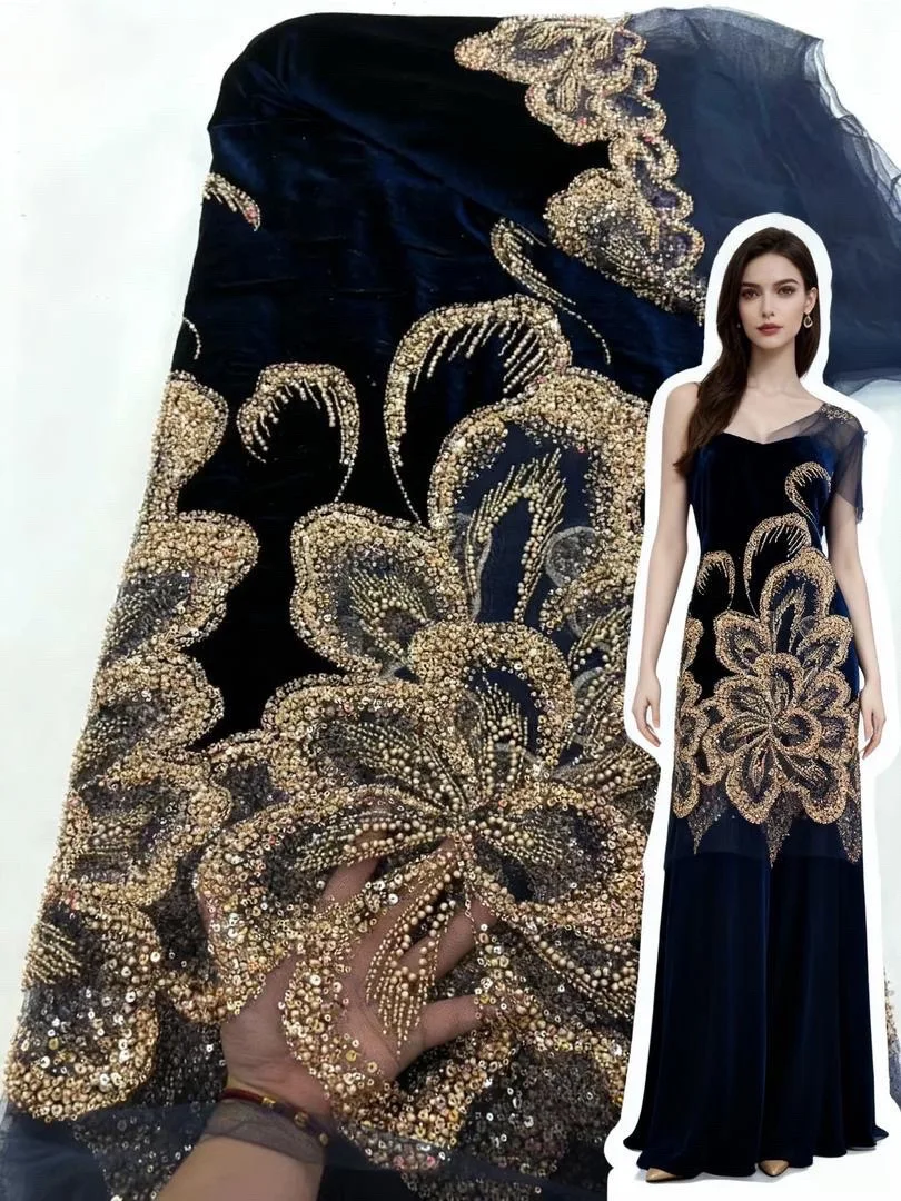 

Синяя африканская бархатная кружевная ткань 2025 г., высокое качество с вышивкой бисером, французская нигерийская кружевная ткань с блестками для свадебного платья