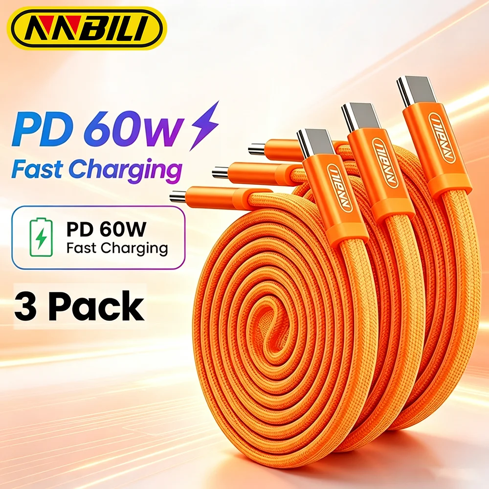 NNBILI 3 Stück 60W Flaches USB Typ-C Kabel für iPhone 18 17 16 Pro Typ-C Kabel für Macbook Samsung Huawei Xiaomi USBC Ladekabel