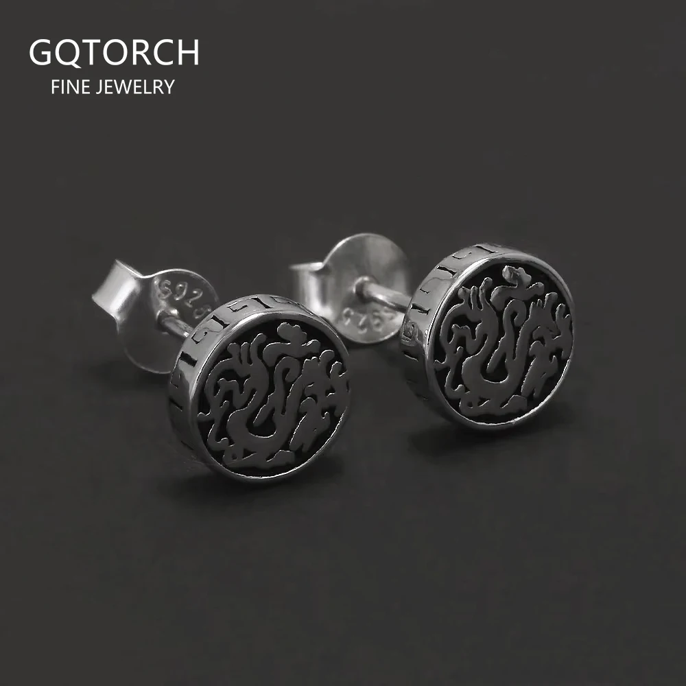 

7mm 925 Sterling Silver Retro Viking Dragon Stud Earrings Men Women Round Shaped Vintage Punk Biker Jewelry Gift Hypoallergenic
