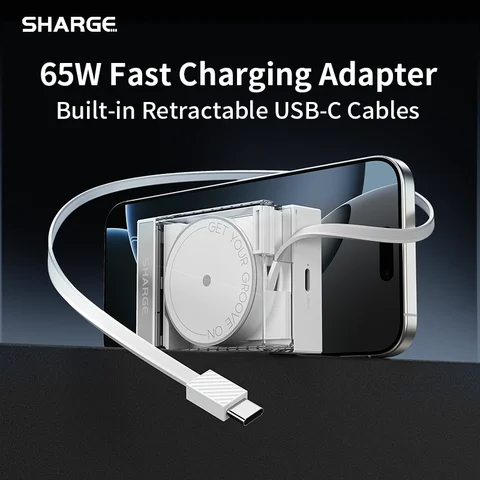 SHARGE Retractable 65W USB C Charger GaN Power 2 Devices PD Fast Charging for MacBook Pro/Air, iPhone 16,Pixel Book