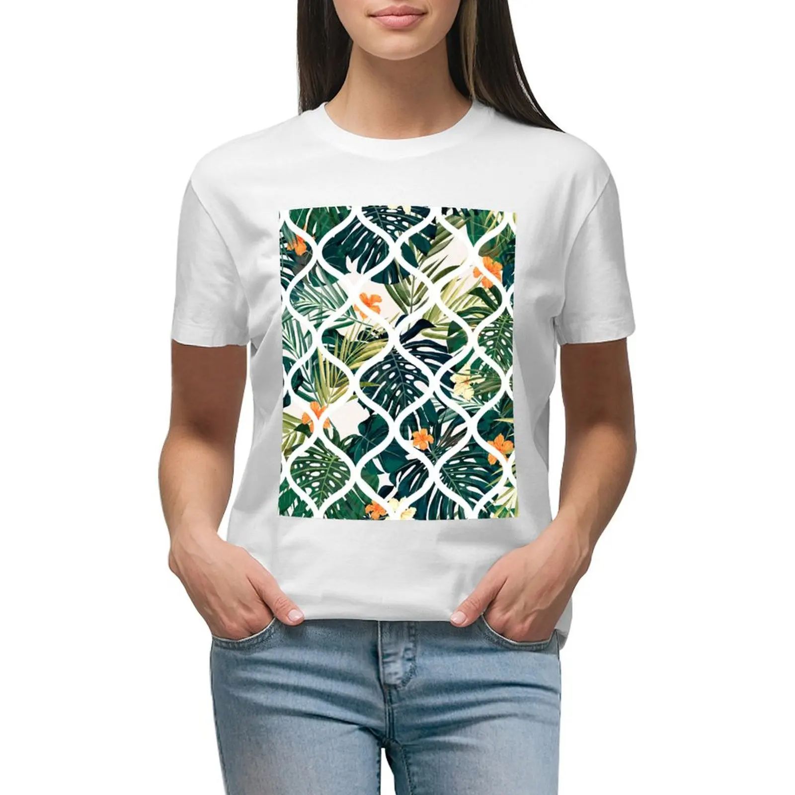 

White Tropical Moroccan Ogee Tile Pattern T-shirt korean fashion aesthetic clothes Blouse black t shirts for Women