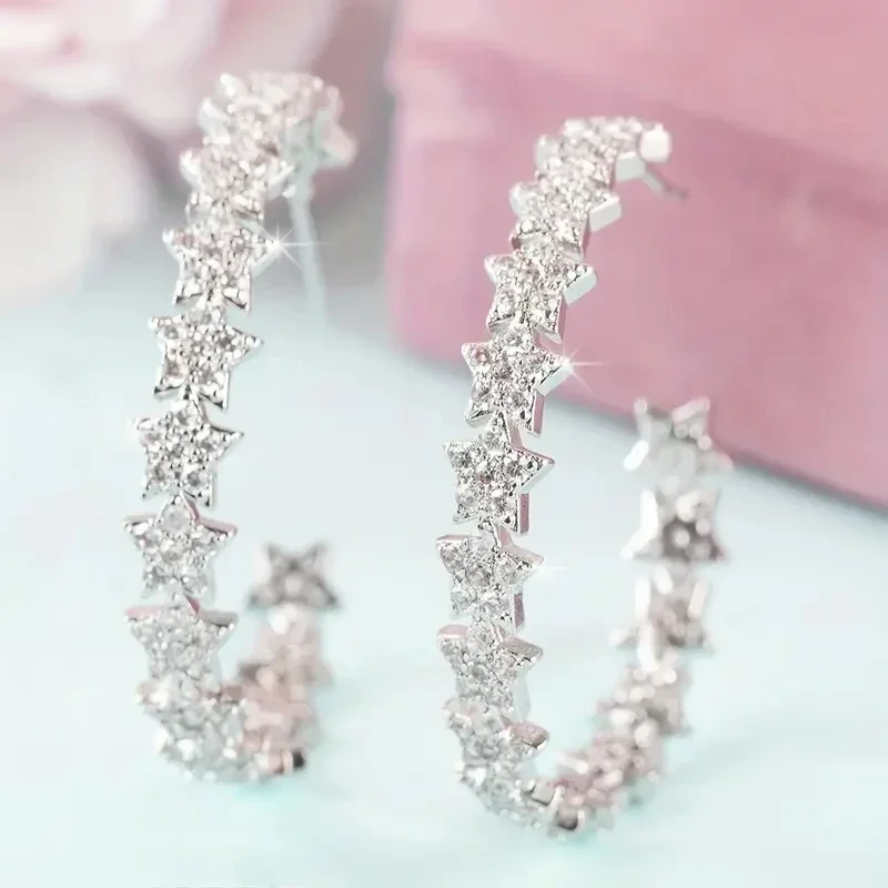 Huitan Exquisite Star Hoop Earrings for Women Dazzling Cubic Zirconia Gorgeous Accessories Lovely Chic Attractive Party Jewelry