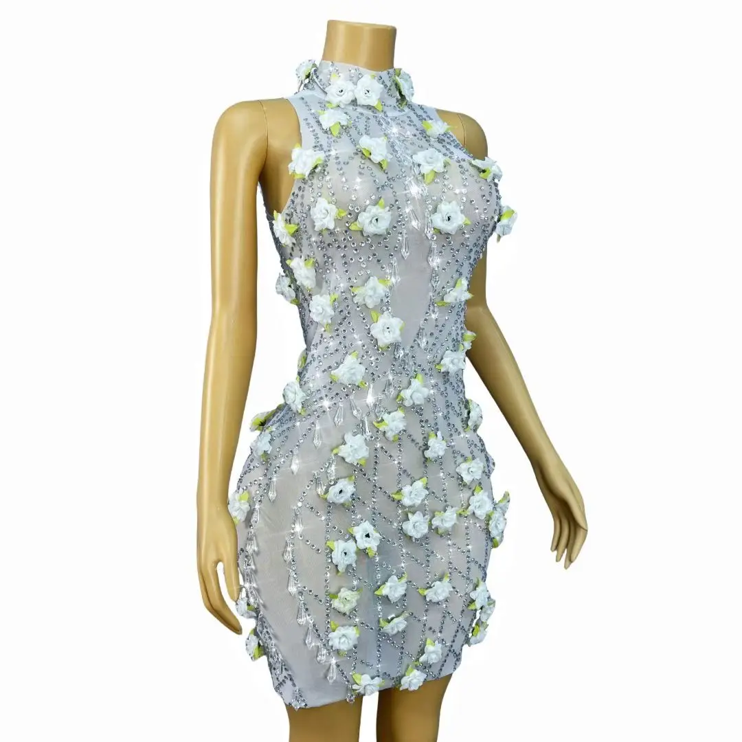 gesehuaguang Sexy Neck Hanging 3D Flower Perspective Mesh serene for Evening Dress Celebrity Red Carpet Ceremony Ball Gowns