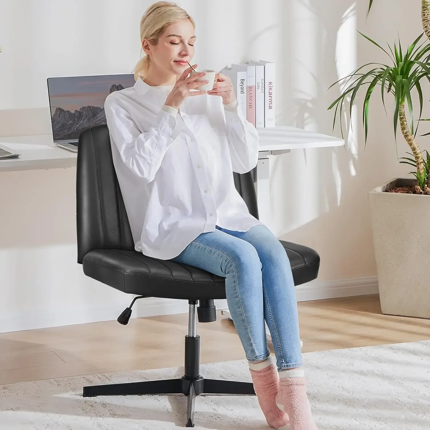 Cross Legged Armless Wide Adjustable Swivel Padded Home Office Desk Chair, Black