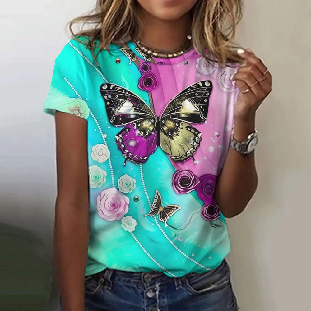 2024 Fashion Woman T Shirt 3d Butterfly Print Crew Neck Short Sleeve Tee Luxury Female T-Shirts Oversized Y2k Clothing For Girls