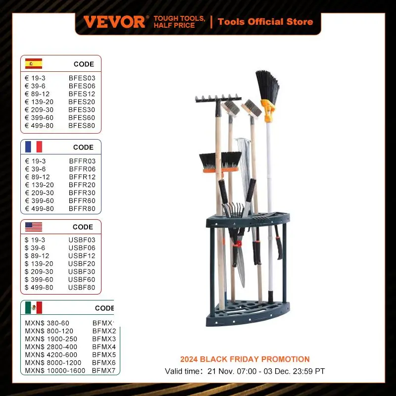 VEVOR 19 Slots Garden Tool Organizer Yard Tool Tower PP Rack Long-Handled Rake/Broom/Shovel Stand Holder for Garage Outdoor