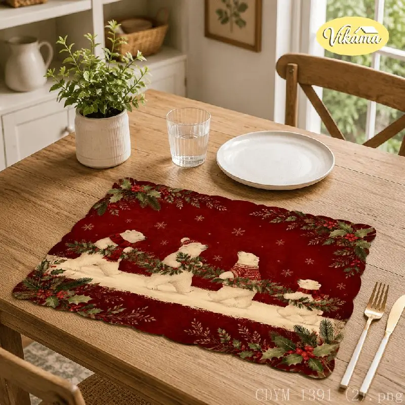 VIKAMA Christmas Snowman Polar Bear Placemat Lantern Table Mat Dining Kitchen Holiday Home Decor Aesthetic Art Large Premium