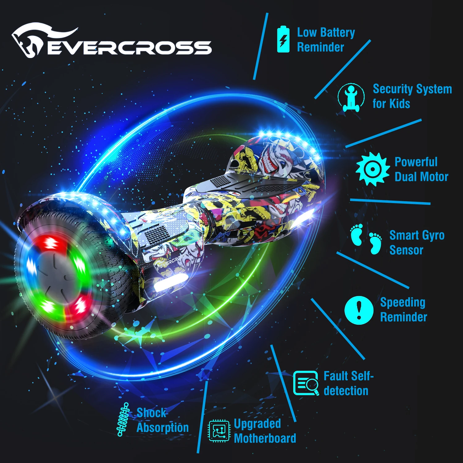 مكتبة ذكية الاتحاد الأوروبي الأسهم Evercross 6.5 بوصة 700 واط 42 فولت مع أضواء LED بلوتوث التوازن 2 عجلات سكوتر تحوم المجلس مع Hove