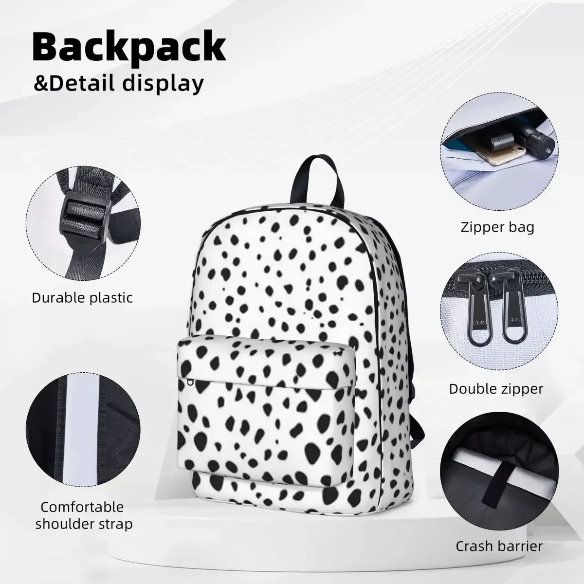 Dalmatian Spots - Black And White Polka Dots Backpack Fashion Children School Bag Laptop Rucksack Travel Large Capacity Bookbag