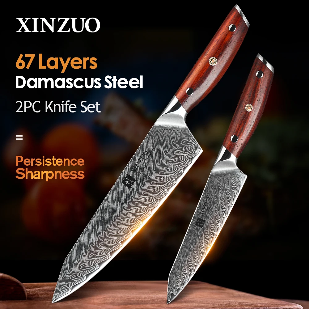

XINZUO 2PCS Japanese Kitchen Knives - VG10 Damascus Steel, Razor Sharp, Rosewood Handle - High Carbon & Durable