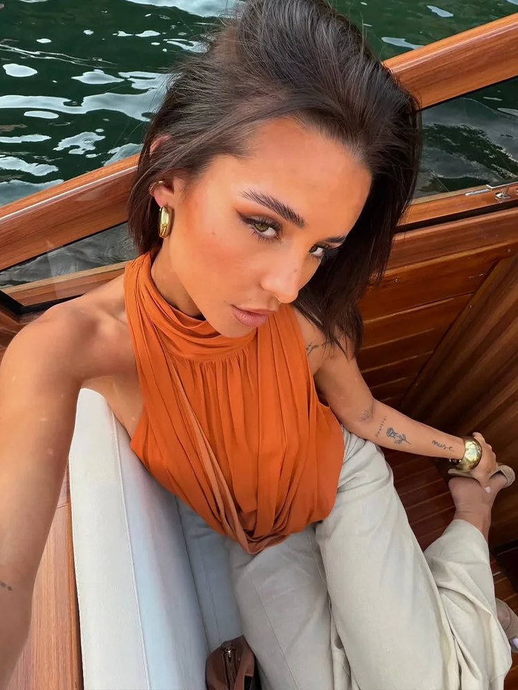 Damen-Oberteile, einfarbig, Pullover, Neckholder, Stehkragen, plissiert, rückenfrei, ärmellos, glamourös, locker sitzend, Partykleidung, Strandkleidung – Detail 18