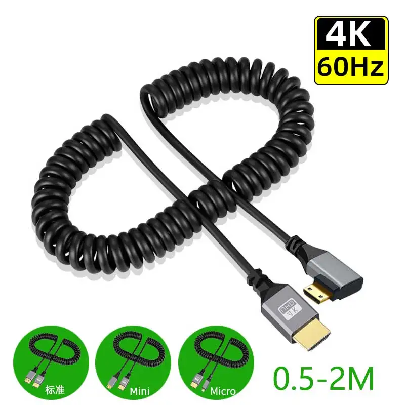 4K@60HZ 0.5-2.0M Micro mini HDMI-Compatible TO HDMI Minihdmi Microhdmi Coiled Extension Flexible Spiral Cable Male to Male Plug