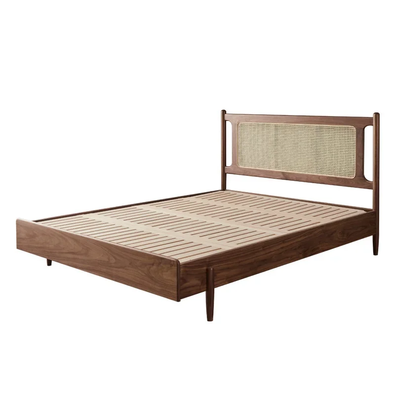 

Rustic North American Black Walnut Rattan Bed Bedroom Furniture Double Modern Simple Queen Bed