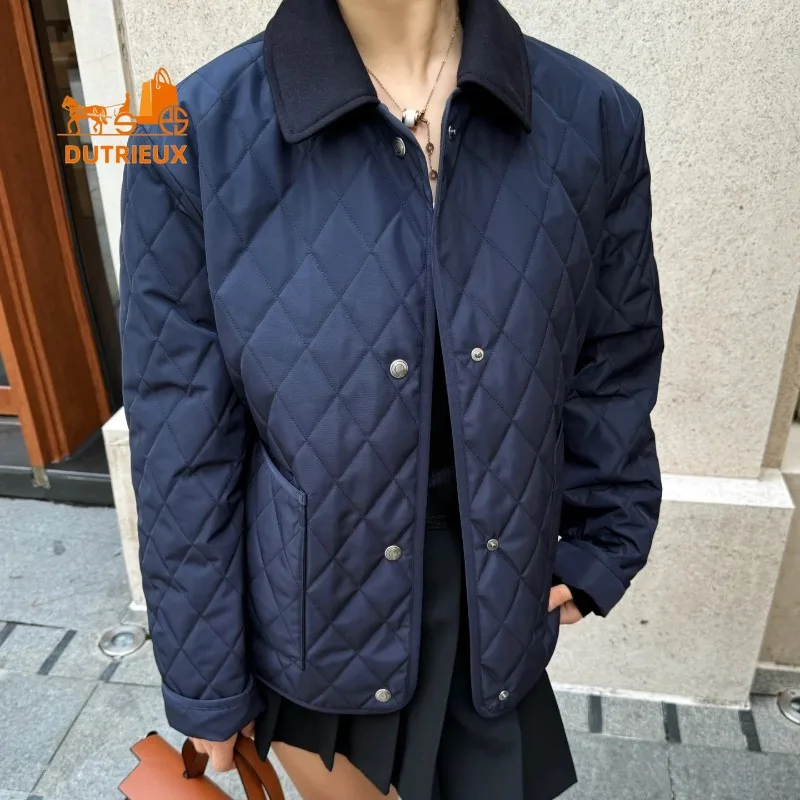 24 New Winter Cotton Coat for Women, Diamond-shaped Quilted Cotton Coat Double-sided Wool Stitching Small Lapel Coat for Women