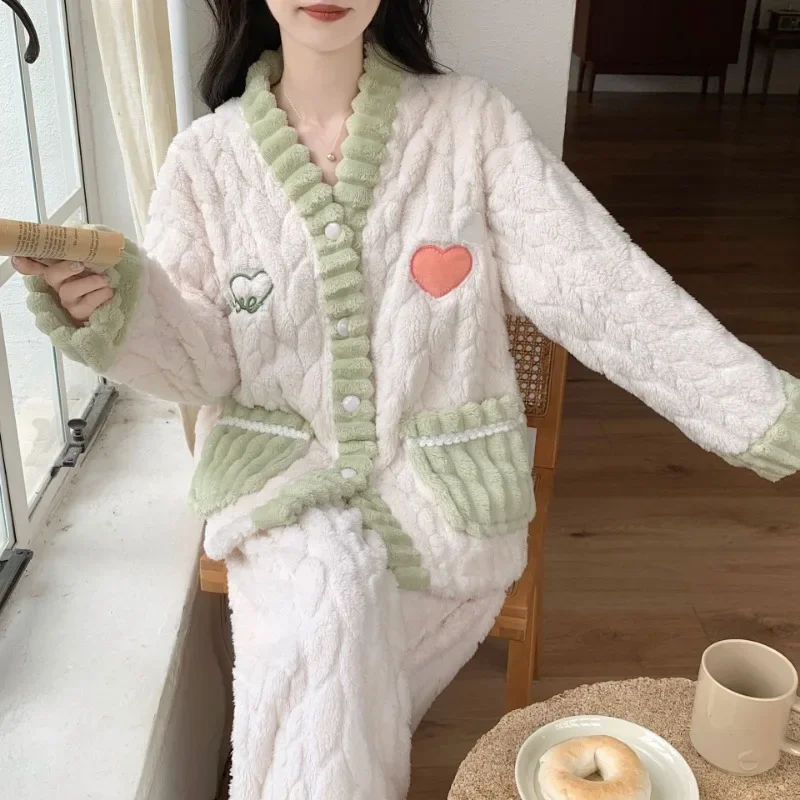 Sleepwear Women Winter Warm Pajamas Sets Coral Fleece Thick Flannel Homewear Sets Kawaii Clothing Pajamas Long Sleeve Nightwear