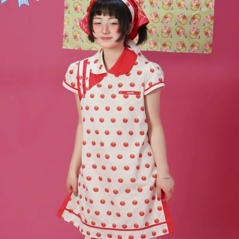 Original Design White Fruit Print Women's Short Dress 2025 Summer New Splicing New Chinese Doll Collar Cheongsam Dressses Ladies