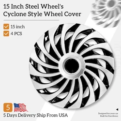 15 inch Cyclone Style Hubcaps Black & Silver Wheel Covers for Cars Set of 4 Fits Honda Volkswagen, Chevy, Mazda,Dodge Hub Caps