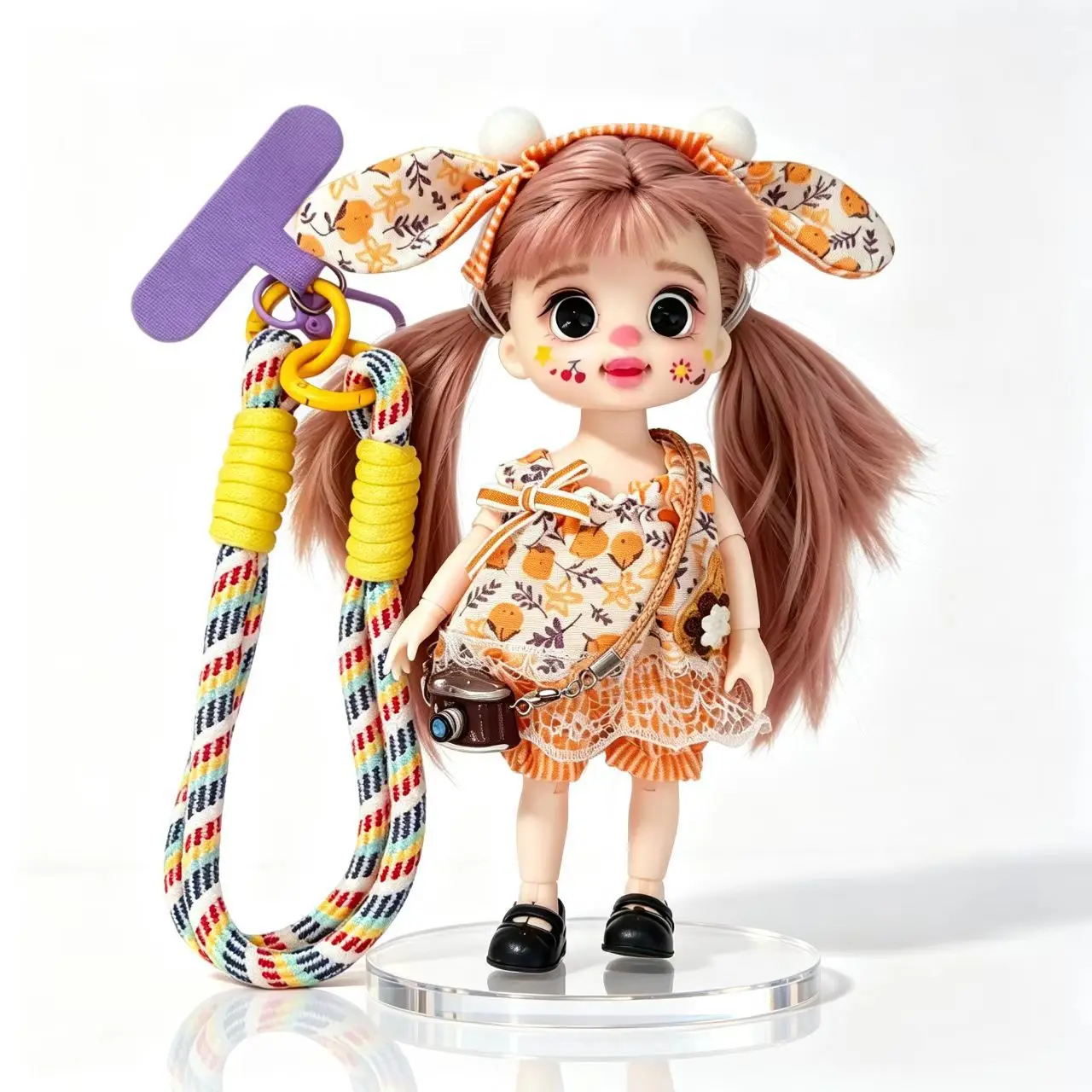 16cm Floral Rabbit Ears Orange-Patterned Doll Ornament Joints Moveable Short/Double-Ponytail Doll Keychain Pendants Bags Charms