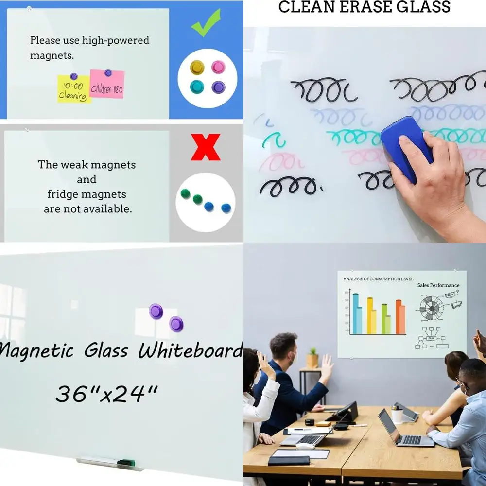 سبورة بيضاء زجاجية بدون إطار مثبتة على الحائط، مقاس 36 × 24، مع صينية ألومنيوم، 4 أقلام، ممحاة ومغناطيسين