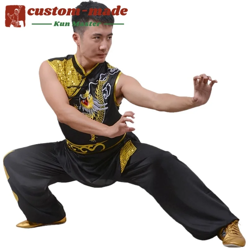 زي فنون الدفاع عن النفس المخصص بدلة الكونغ فو مع تطريز التنين قبضة جنوبية قبضة طويلة معززة لمنافسة أشكال الكونغفو
