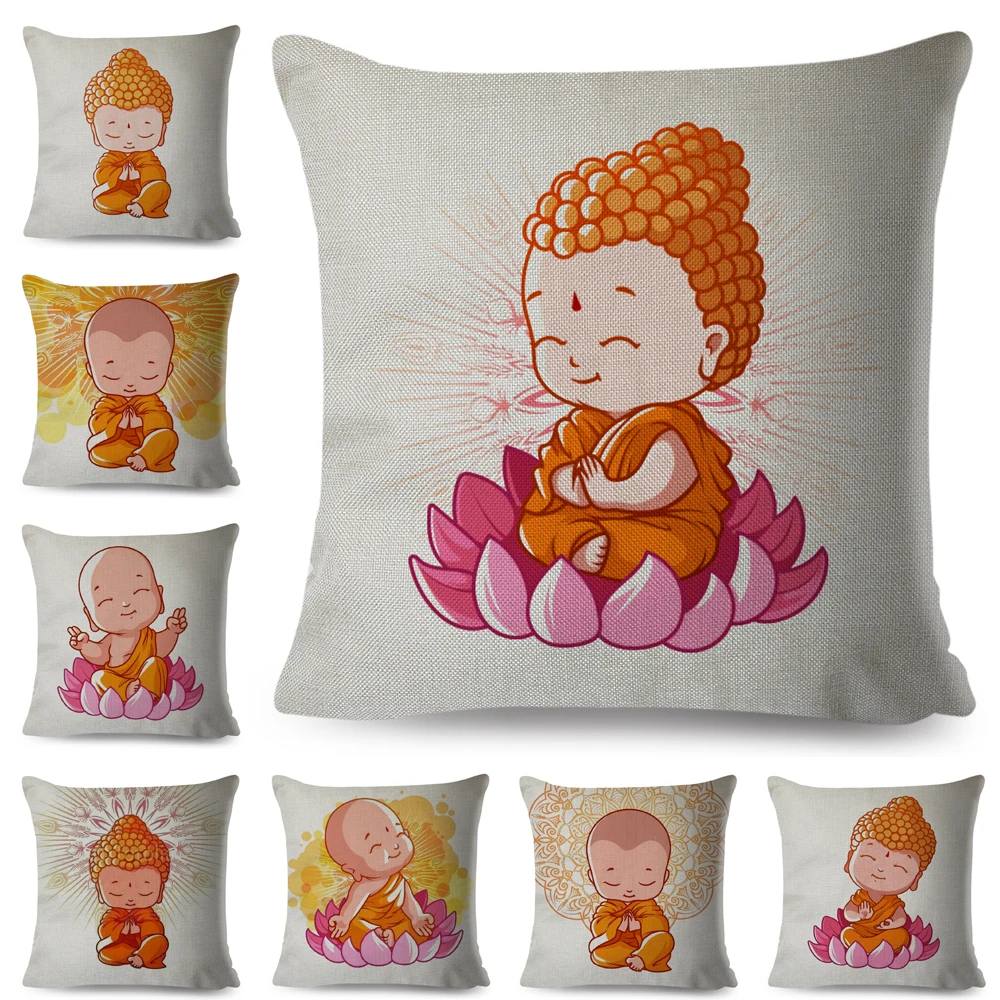 Cute Cartoon Monk  Pillow Case Decor Buddhism Print Cushion Cover for Sofa Home Children Room Polyester Throw Pillowcase