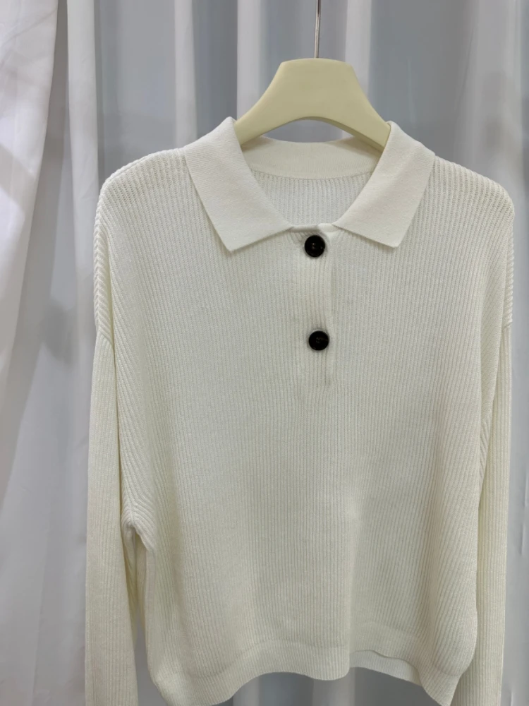 24 B//C New British Style Solid Color Linen Silk Polo Lapel Button Thread Top Pullover Sweater