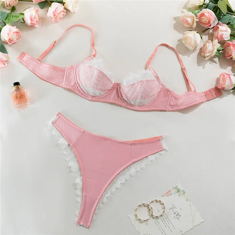 

Sexy Bra Brief Set Patchwork Underwire Romantic Lingerie Women Comfortable Pink Lace Underwear Thong See Through Exotic Set