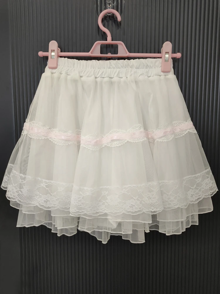 White Kawaii Skirts Women Lace Trim Bows Elastic Waist Lolita Style Cute Mini Skirt for Sweet Girls