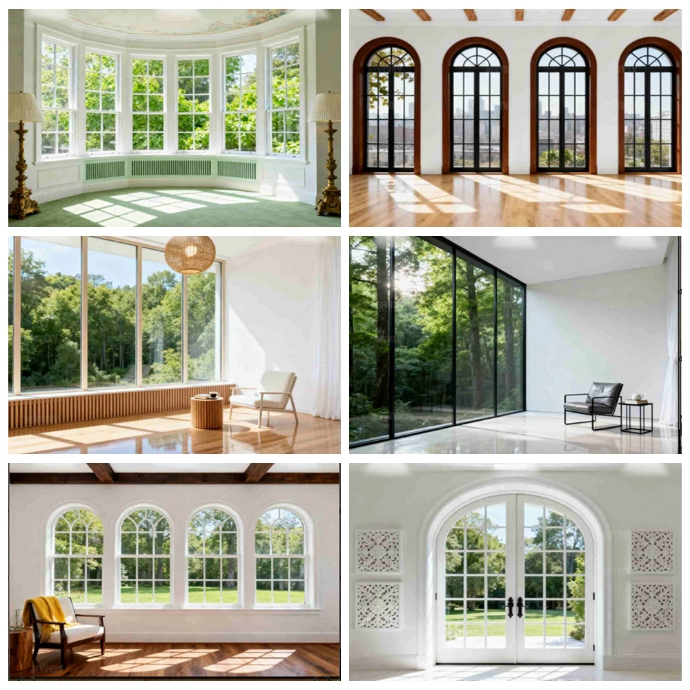 

Large Window Forest View Photography Backdrop Cozy Reading Nook Background Modern Interior Scenery Photo Booth banner Prop