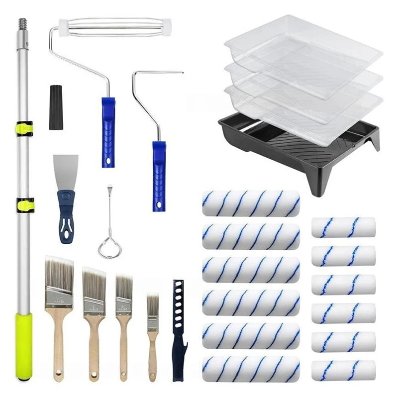 T19C Paint Roller Tool Set, Including An Extendable Pole, Paint Tray, Roller Covers, And Brushes In Various Sizes