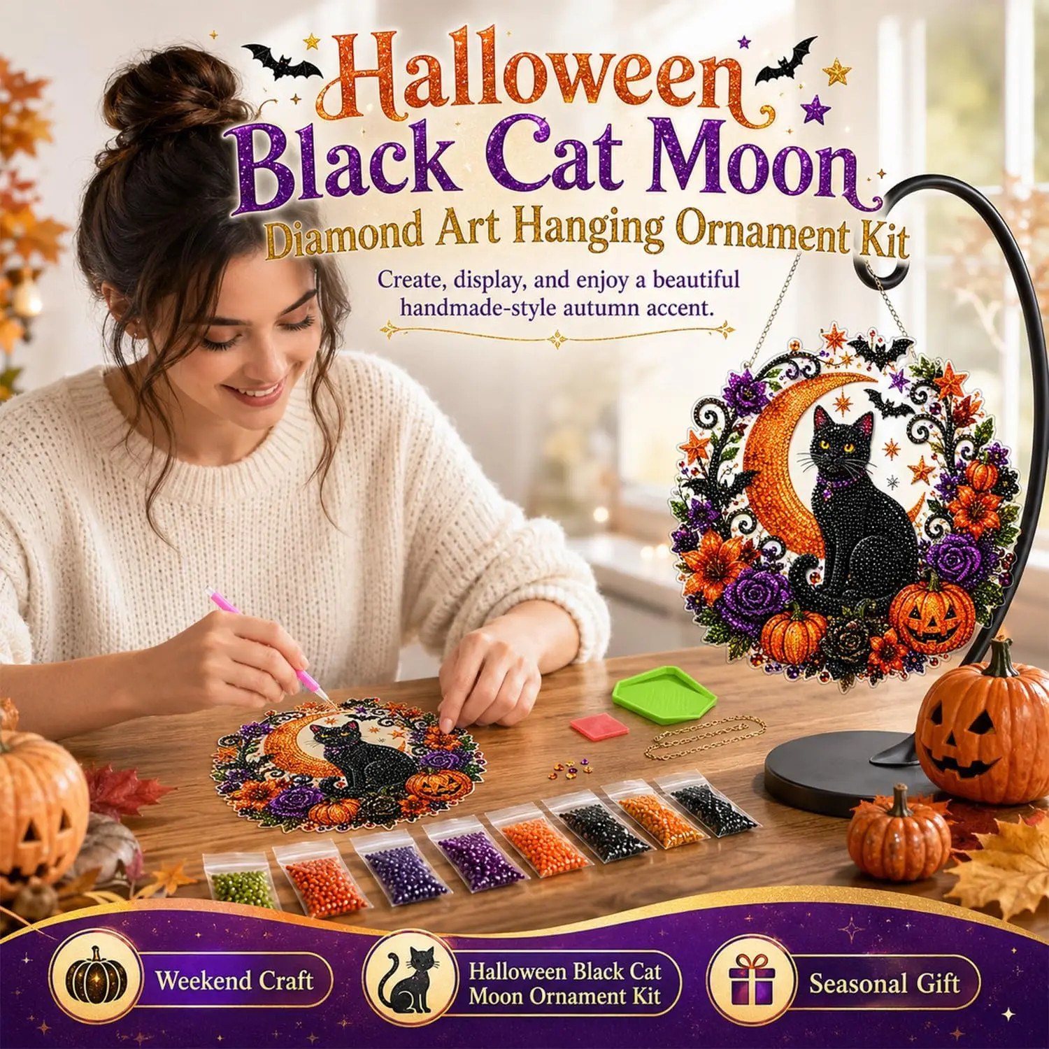 Halloween Pumpkins Diamond Art Hanging Ornament Kit for Adults 5D Black Cat Moon Pearl Art Kits DIY Special-Shaped Suncatcher Pe - view 4