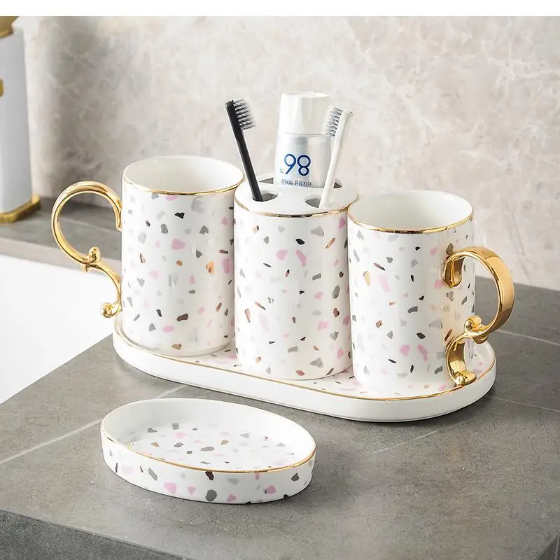 Phnom Penh Terrazzo Bathroom Accessories Set Ceramic Toothbrush Holder Cup Toothpaste Dispenser Lotion Bottle Soap Box