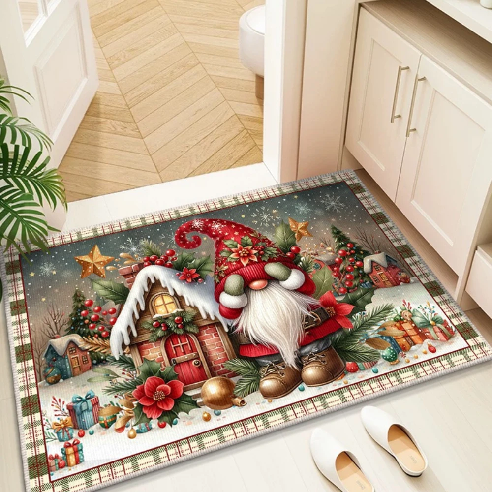Fußmatte mit Weihnachtszwerg-Schneemann-Baummuster, rosa und blaues Farbschema, rutschfester Eingangsteppich für Wohnzimmer, Schlafzimmer, Dekoration