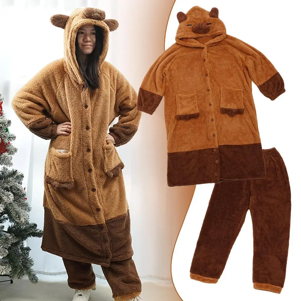 Brown Cute Animal Coral Velvet Pajamas Winter Warmer Velvet Soft Suit Coral Girls Cosplay Loungewear Gift Winter Nightwear N6W5