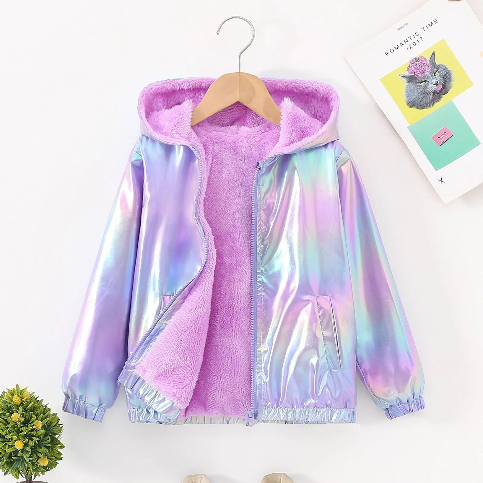 Girls' New Style Hooded Jacket Fleece Coat Windproof And Warm Outfits For Winter Autumn Fall Smooth Zipper Outerwear For Girls